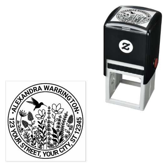 Wilde Bloemen en Kolibrie Naam Retouradres Zelfinktende Stempel (In situ)