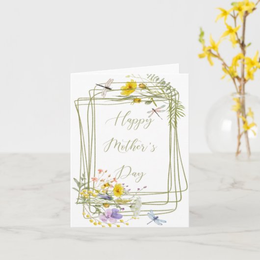 Wilde bloemen en libellen Moederdag Kaart (Gele Bloem)