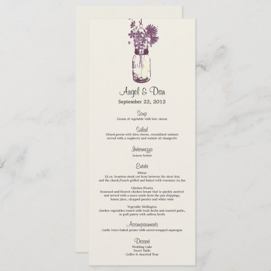 Wilde bloemen en Mason Jar-menukaart Menu (Voorkant / Achterkant)