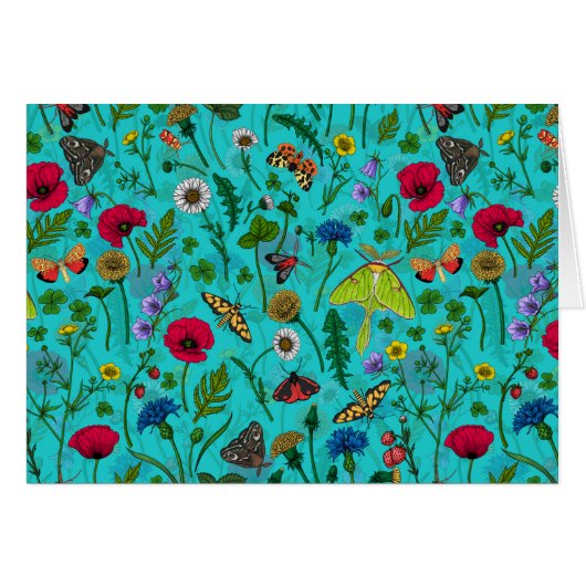 Wilde bloemen en motten op blauwgroen (Voorkant Horizontaal)