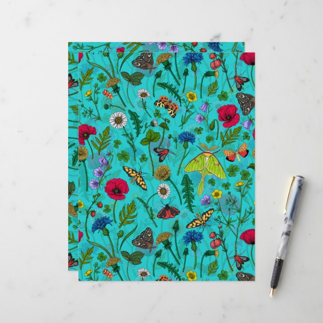 Wilde bloemen en motten op blauwgroen (Voorkant / Achterkant in situ)