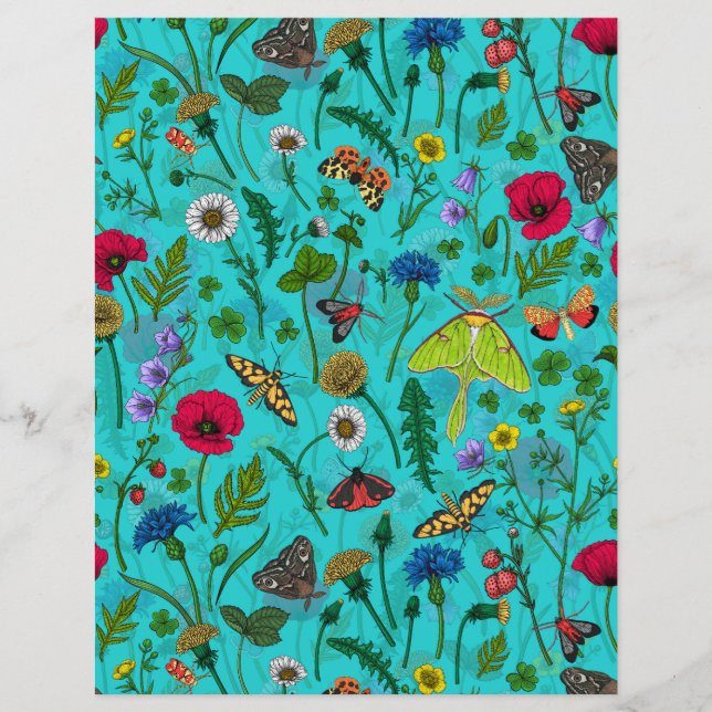 Wilde bloemen en motten op blauwgroen (Voorkant)