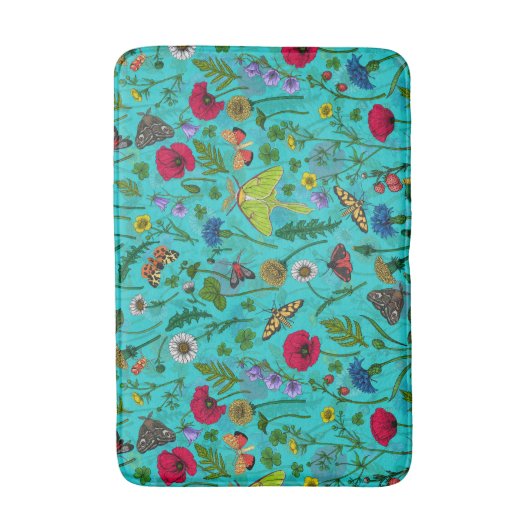 Wilde bloemen en motten op blauwgroen badmat (Voorkant Verticaal)