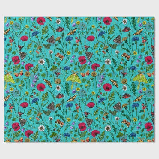 Wilde bloemen en motten op blauwgroen cadeaupapier (Vlak)