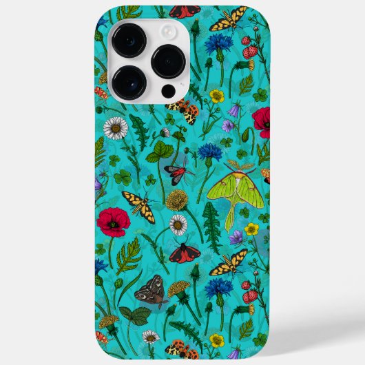 Wilde bloemen en motten op blauwgroen Case-Mate iPhone case (Achterkant)