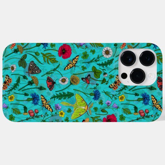 Wilde bloemen en motten op blauwgroen Case-Mate iPhone case (Achterkant (horizontaal))