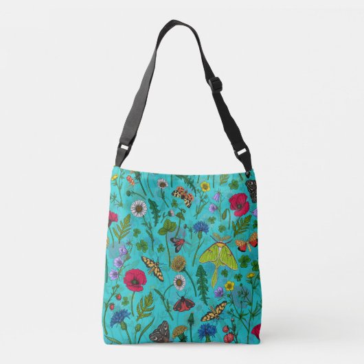 Wilde bloemen en motten op blauwgroen crossbody tas (Achterkant)