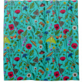 Wilde bloemen en motten op blauwgroen douchegordijn (Voorkant)