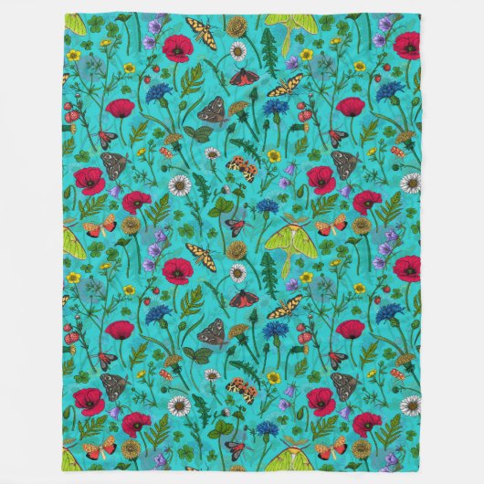 Wilde bloemen en motten op blauwgroen fleece deken (Voorkant)