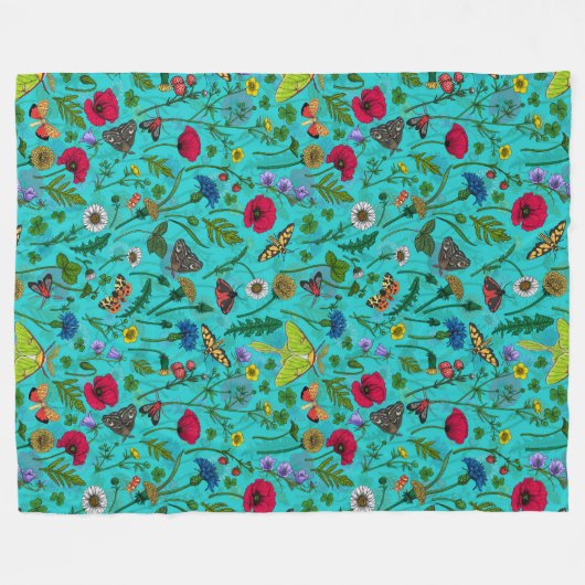 Wilde bloemen en motten op blauwgroen fleece deken (Voorkant (Horizontaal))