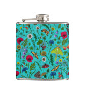 Wilde bloemen en motten op blauwgroen heupfles (Voorkant)