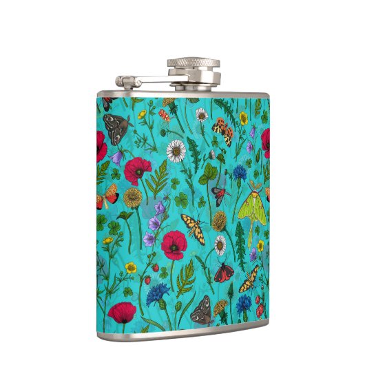 Wilde bloemen en motten op blauwgroen heupfles (Rechts)