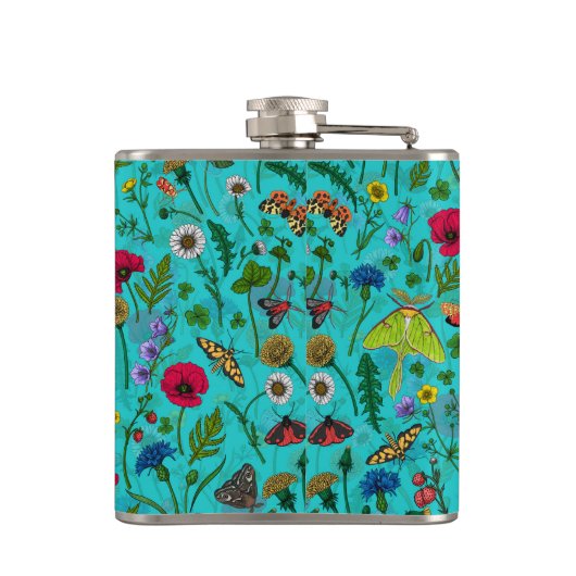 Wilde bloemen en motten op blauwgroen heupfles (Achterkant)