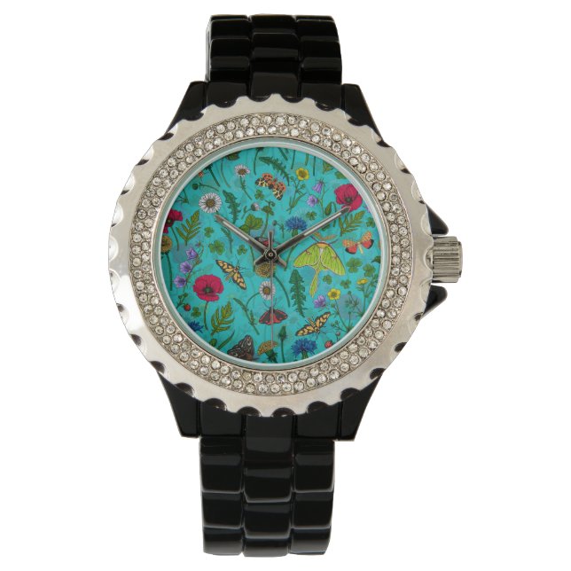 Wilde bloemen en motten op blauwgroen horloge (Voorkant)