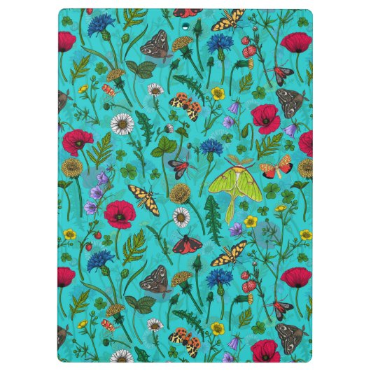 Wilde bloemen en motten op blauwgroen klembord (Achterkant)