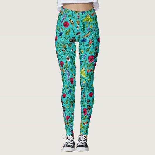Wilde bloemen en motten op blauwgroen leggings (Voorkant)