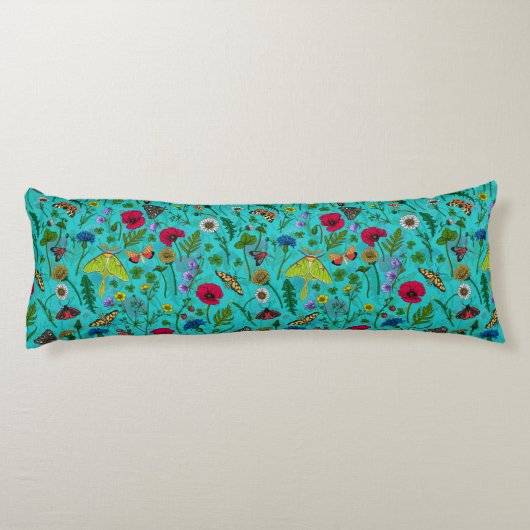 Wilde bloemen en motten op blauwgroen lichaamskussen (Achterkant)