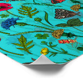 Wilde bloemen en motten op blauwgroen poster (Hoek)