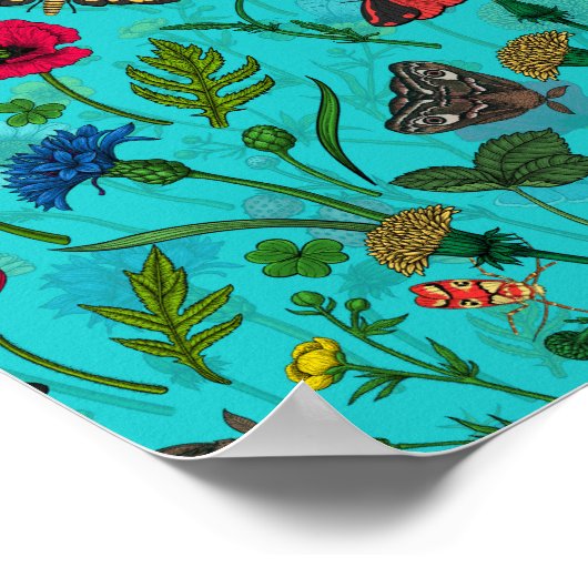 Wilde bloemen en motten op blauwgroen poster (Hoek)