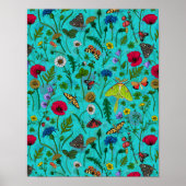 Wilde bloemen en motten op blauwgroen poster (Voorkant)