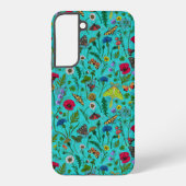 Wilde bloemen en motten op blauwgroen samsung galaxy hoesje (Achterkant)
