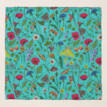 Wilde bloemen en motten op blauwgroen sjaal<br><div class="desc">Met de hand geschilderd collectie van diverse wilde bloemen.</div>