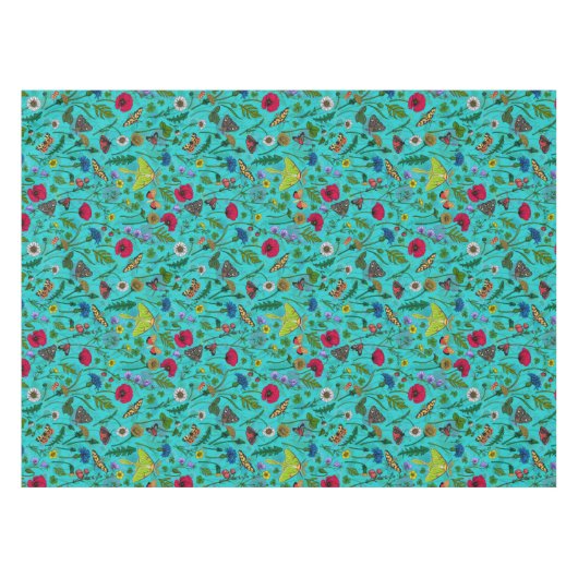 Wilde bloemen en motten op blauwgroen tafelkleed (Voorkant (Horizontaal))
