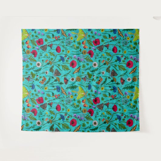 Wilde bloemen en motten op blauwgroen wandkleed (Voorkant (horizontaal))