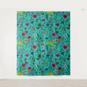 Wilde bloemen en motten op blauwgroen wandkleed (Voorkant)