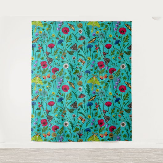 Wilde bloemen en motten op blauwgroen wandkleed (Voorkant)