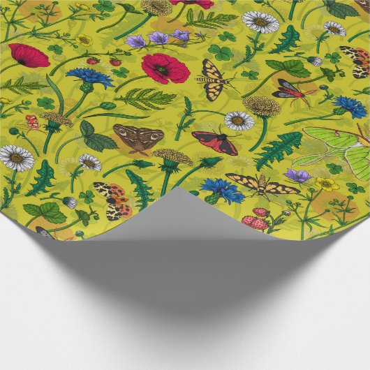 Wilde bloemen en motten op groen cadeaupapier (Hoek)