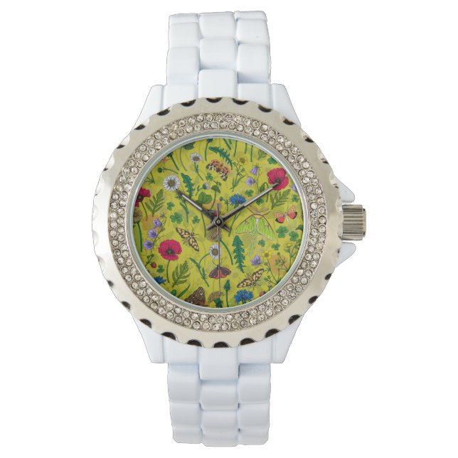 Wilde bloemen en motten op groen horloge (Voorkant)