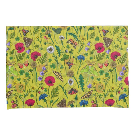 Wilde bloemen en motten op groen kussensloop (Voorkant-Rechts)
