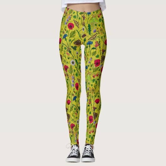 Wilde bloemen en motten op groen leggings (Voorkant)