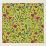 Wilde bloemen en motten op groen sjaal<br><div class="desc">Met de hand geschilderd collectie van diverse wilde bloemen.</div>