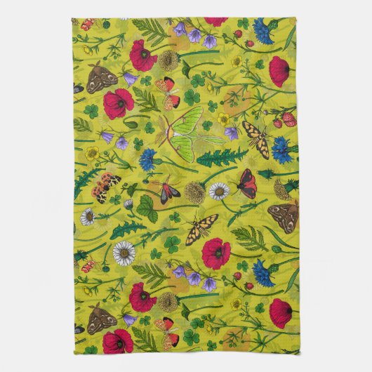 Wilde bloemen en motten op groen theedoek (Verticaal)