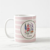  wilde bloemen en naam op mosterdroze strepen koffiemok (Links)