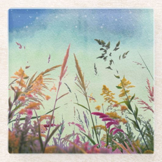 Wilde bloemen en sterren glazen onderzetter (Voorkant)