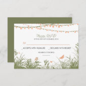 wilde bloemen en string lights bruiloft RSVP kaart (Voorkant / Achterkant)