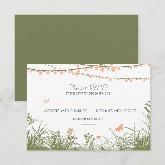 wilde bloemen en string lights bruiloft RSVP kaart (Voorkant / Achterkant)