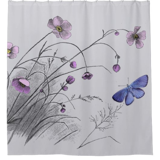 Wilde bloemen en vlinder douchegordijn (Voorkant)