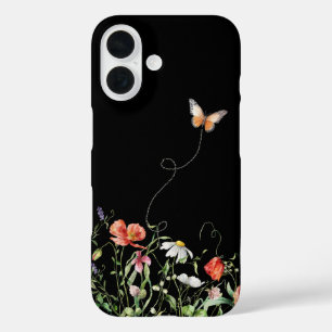 Wilde bloemen en vlinder op zwart iPhone 16 hoesje