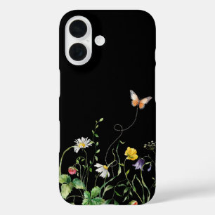 Wilde bloemen en vlinder op zwart iPhone 16 hoesje