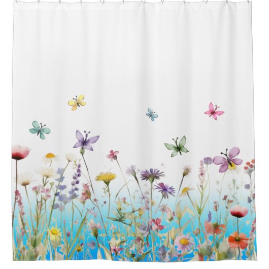 Wilde bloemen en vlinders blauwe gradiënt douchegordijn (Voorkant)