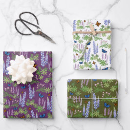 Wilde bloemen en vlinders cadeauomslag lila en gro inpakpapier vel