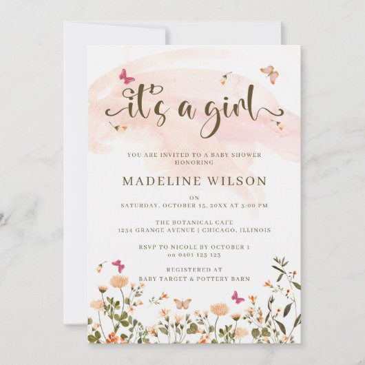 Wilde bloemen en vlinders | Elegant Baby shower Kaart (Voorkant)