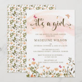 Wilde bloemen en vlinders | Elegant Baby shower Kaart (Voorkant / Achterkant)