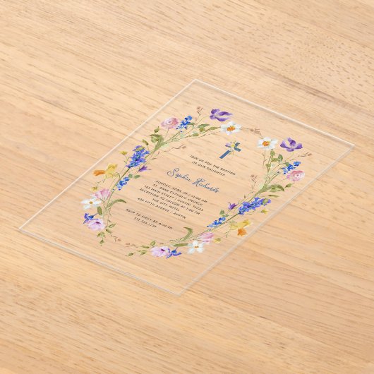 Wilde bloemen en vlinders | Foto terug Doopsel Acryl Uitnodigingen (Laagn)