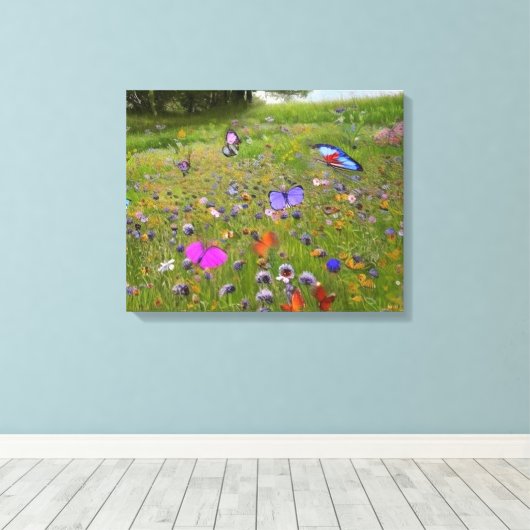 Wilde bloemen en vlinders in het land canvas afdruk (Insitu (Houten vloer))