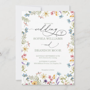 Wilde bloemen en vlinders Moderne elegante trouw Kaart
